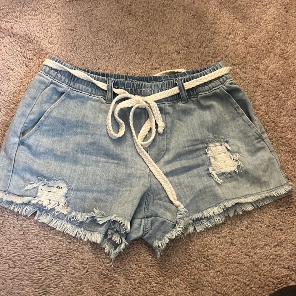 Belted Lace and Chambray Shorts